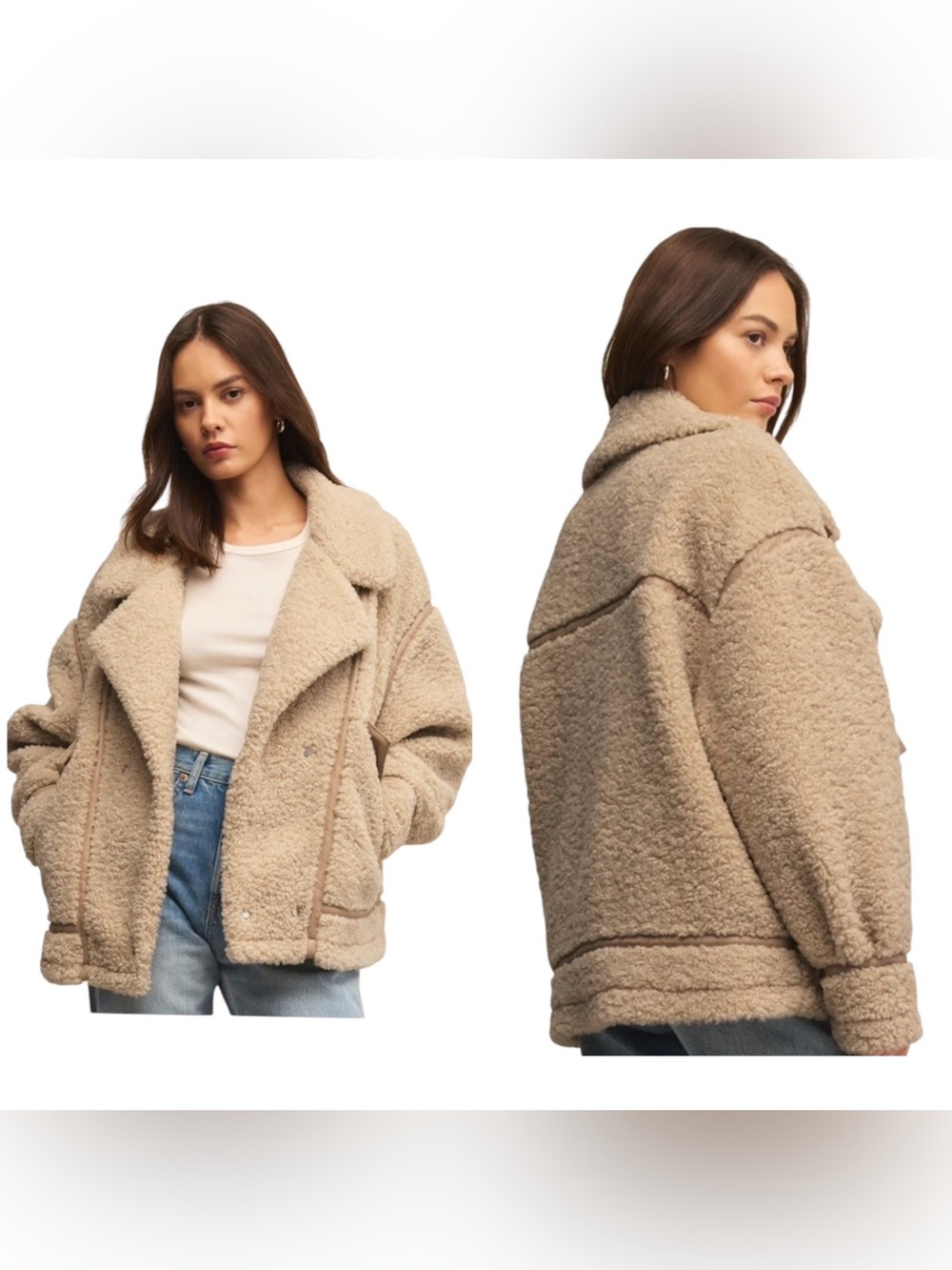 Z Supply Ari Sherpa Jacket Cream Womens Size Medium Teddy Fleece Oversized Coat
